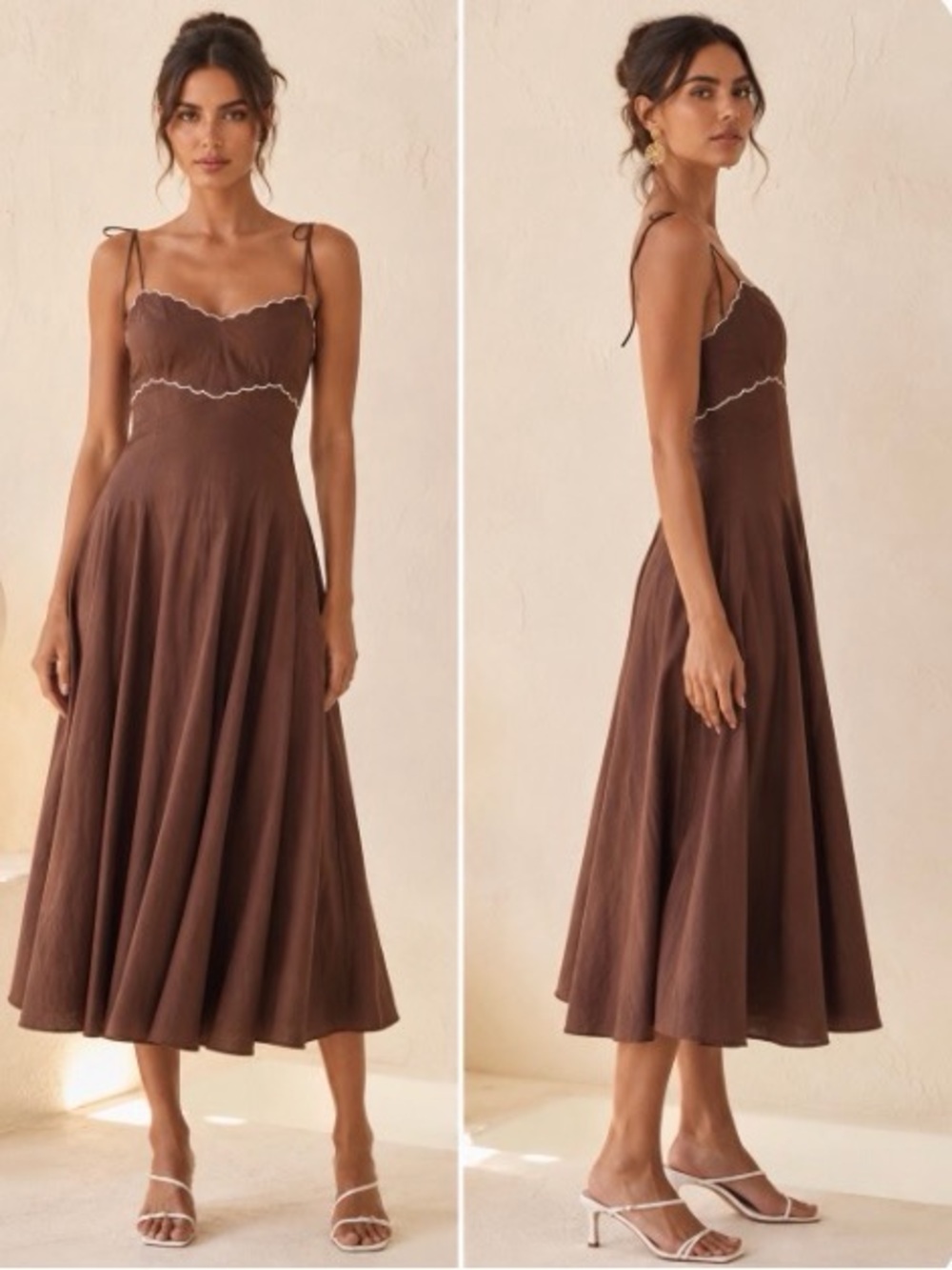 Caroline Constas Brown Midi Dress with Contrast Trim